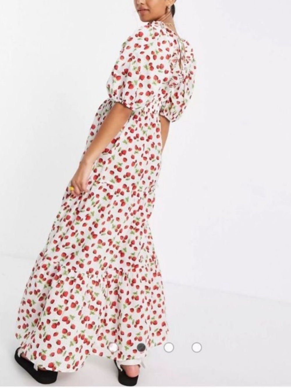 ASOS Puff Sleeve Strawberry Print Tiered Maxi Dress 12 Large - Picture 2 of 9
